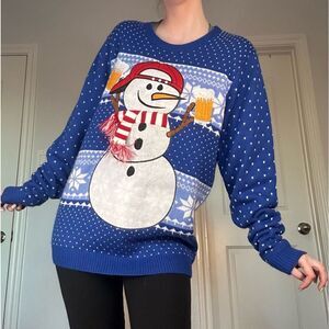 Men’s Blue Beer Drinking Snowman Christmas Sweater by Jolly Sweaters Sz Medium